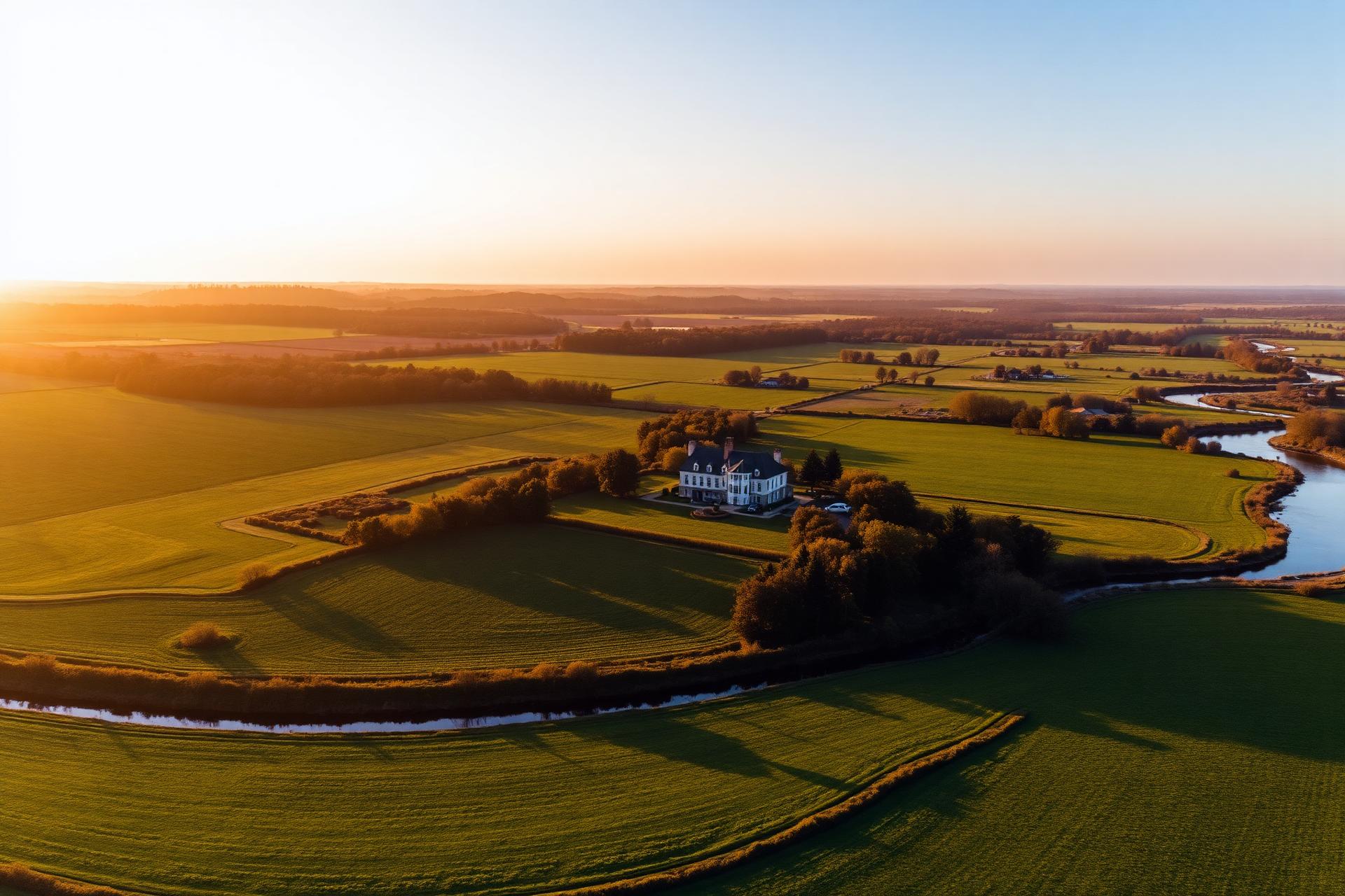 Aerial view of a countryside estate at golden hour